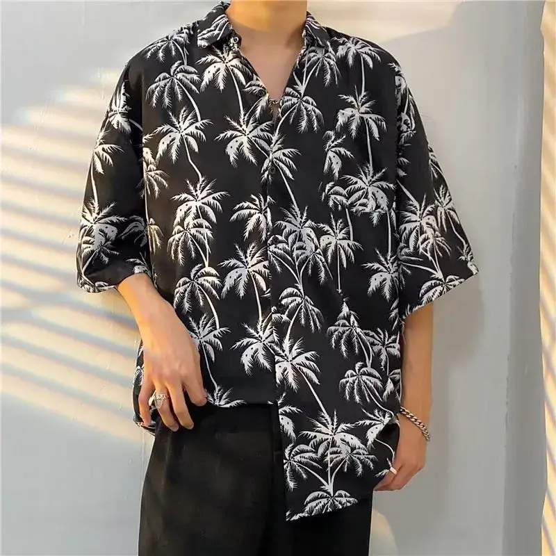 Men Vintage Floral Short Sleeve Shirt Yellow Black - Image 6