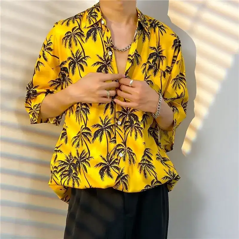 Men Vintage Floral Short Sleeve Shirt Yellow Black - Image 7
