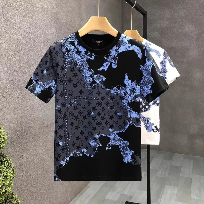 Men Slim Fit Blue Floral Short Sleeve T-Shirt - Image 2