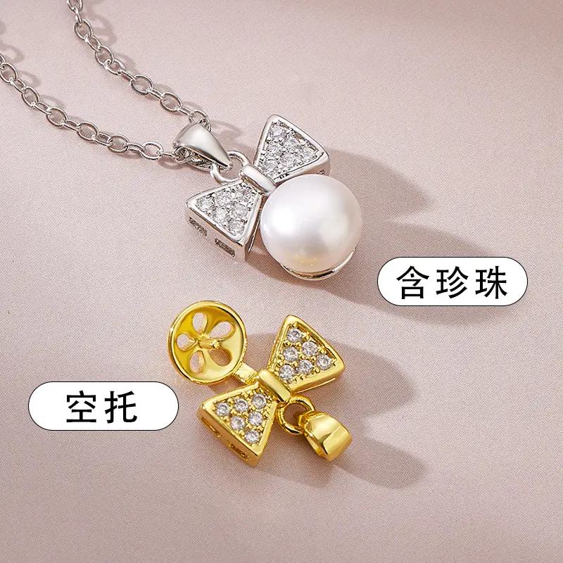 Women's Pearl Bow Pendant Necklace with Zircon Accents
