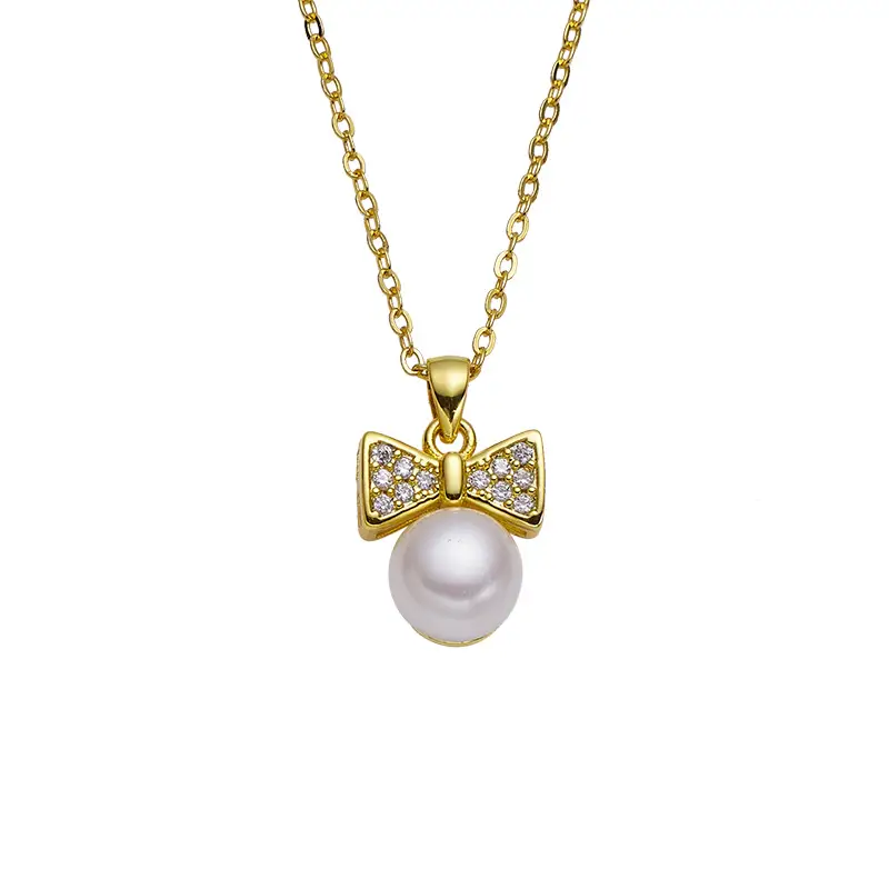 Women's Pearl Bow Pendant Necklace with Zircon Accents