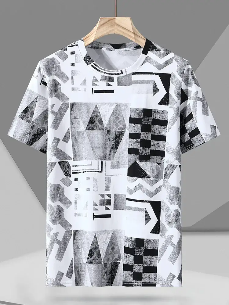 2023 Summer Men's Black White Geometric T-Shirt Plus Size - Image 4