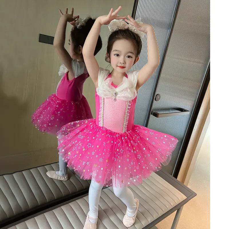 Girls Ballet Skirt Practice Suit Pink Sparkly Summer Dance Suit - Image 3