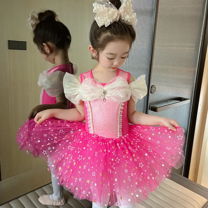 Girls Ballet Skirt Practice Suit Pink Sparkly Summer Dance Suit - Image 5