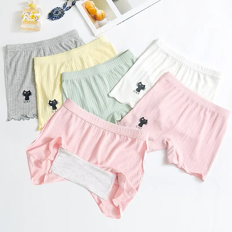 Girls Cotton Cat Print Shorts Grey Ruffled