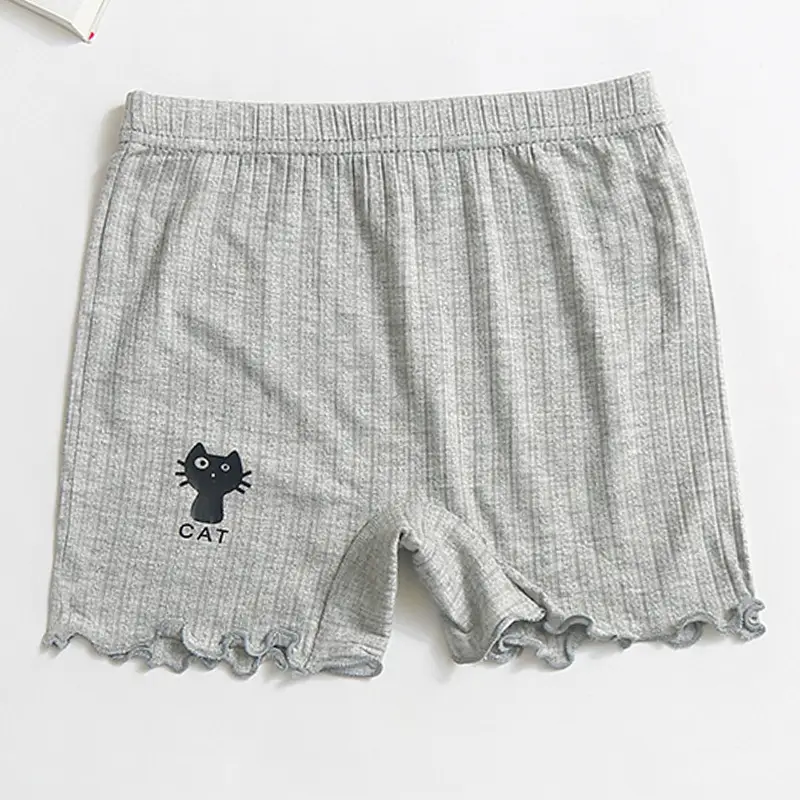 Girls Cotton Cat Print Shorts Grey Ruffled