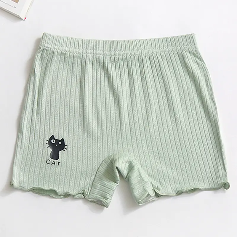 Girls Cotton Cat Print Shorts Grey Ruffled