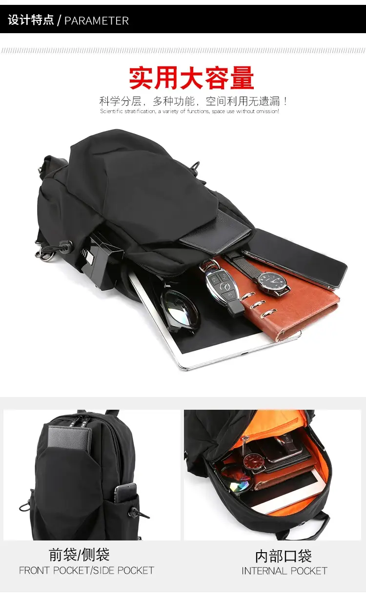 Men's Black Casual Crossbody Backpack with Multiple Pockets — feature 5
