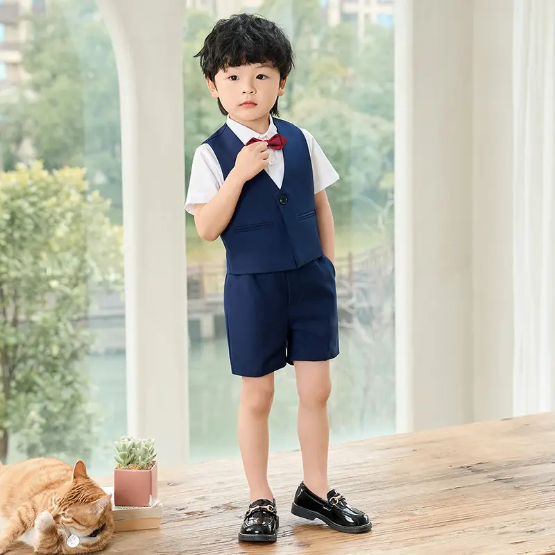 Boy's Navy Blue 3-Piece British Vest Suit Summer
