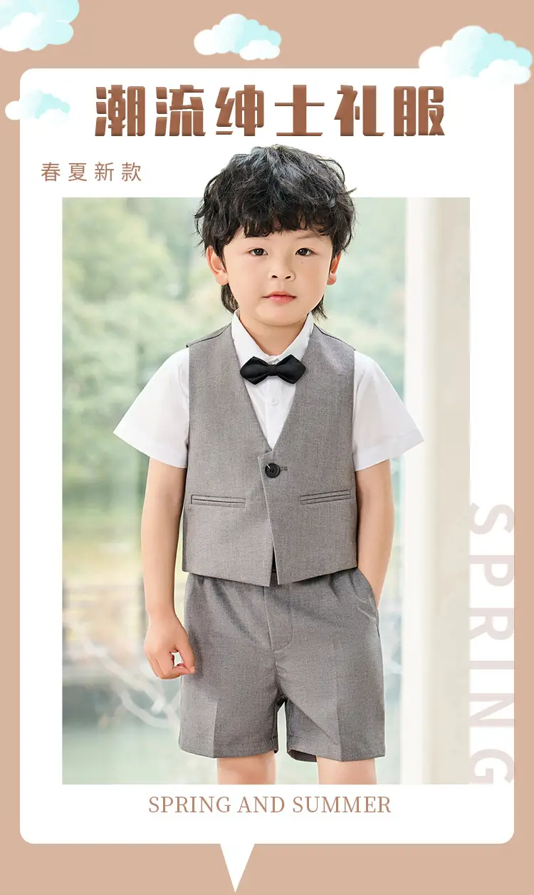 Boy's Navy Blue 3-Piece British Vest Suit Summer — feature 1