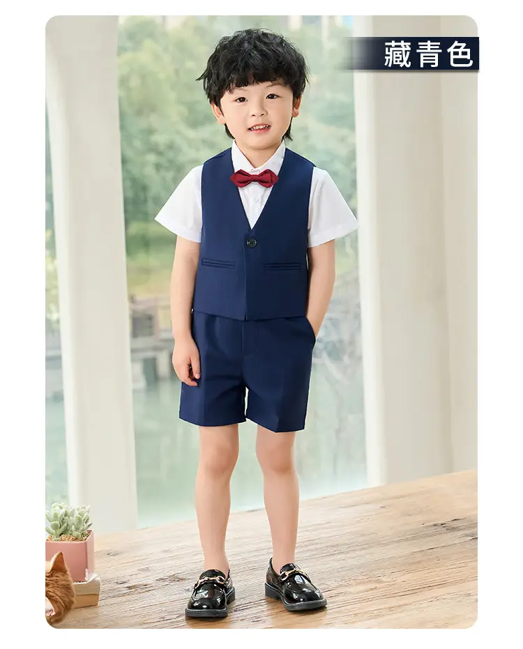 Boy's Navy Blue 3-Piece British Vest Suit Summer — feature 11