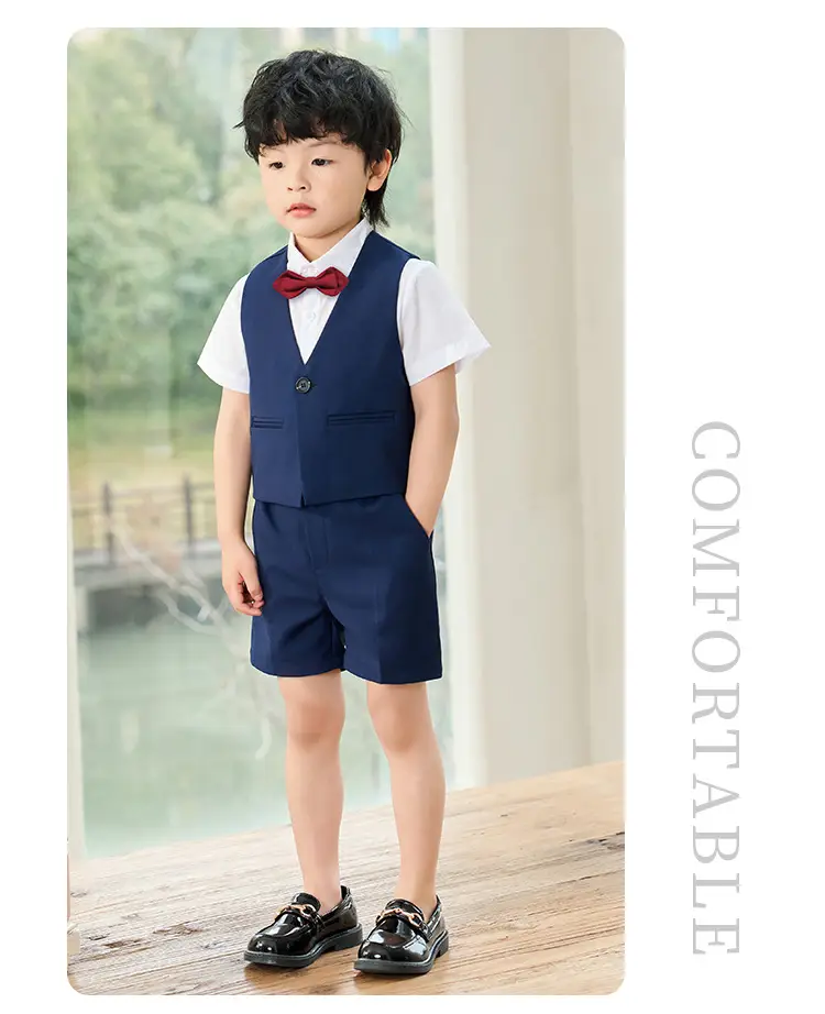 Boy's Navy Blue 3-Piece British Vest Suit Summer — feature 12