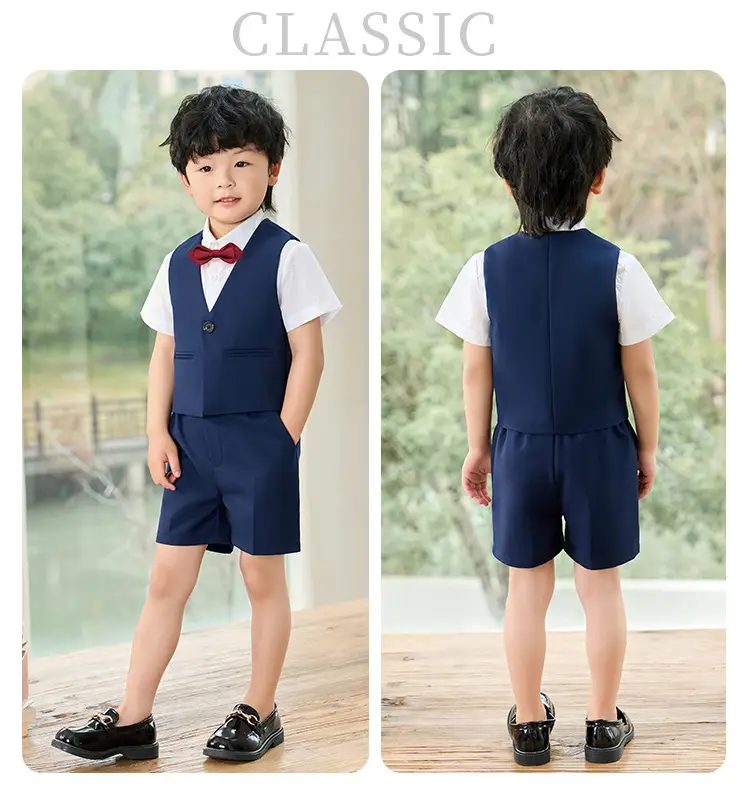 Boy's Navy Blue 3-Piece British Vest Suit Summer — feature 13