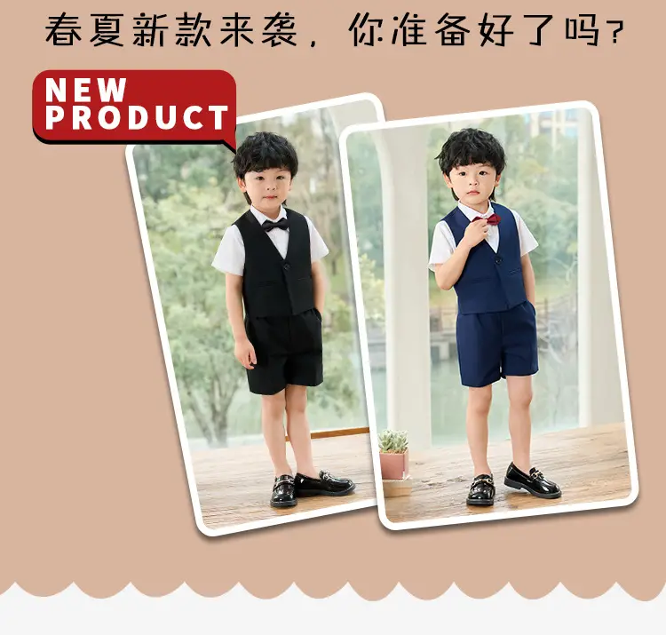 Boy's Navy Blue 3-Piece British Vest Suit Summer — feature 2