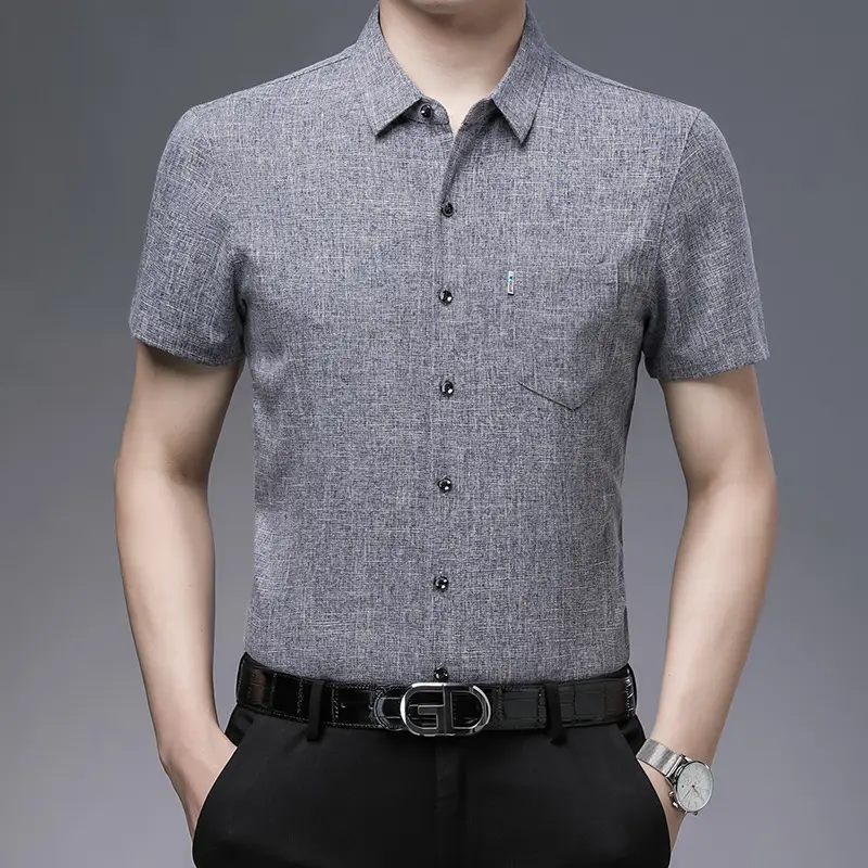 Men Grey Textured Short Sleeve Shirt 2023 - Image 12