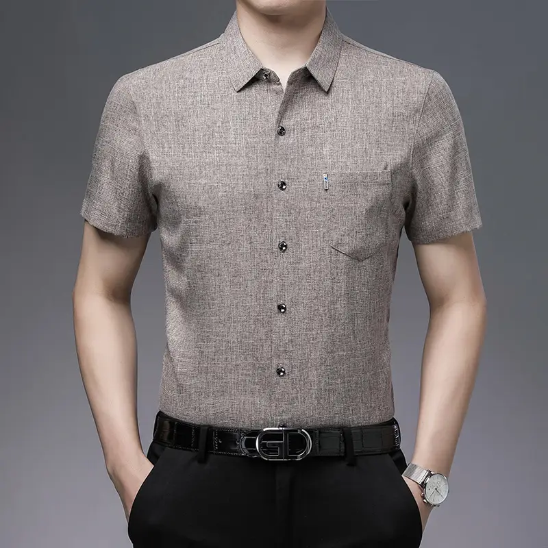 Men Grey Textured Short Sleeve Shirt 2023 - Image 4