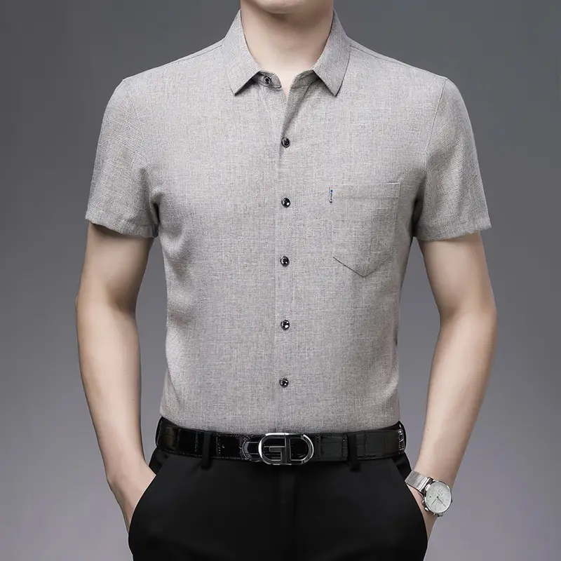 Men Grey Textured Short Sleeve Shirt 2023 - Image 6