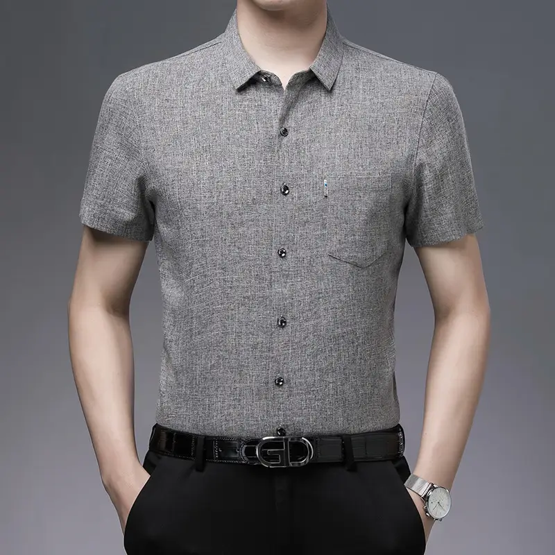 Men Grey Textured Short Sleeve Shirt 2023 - Image 7