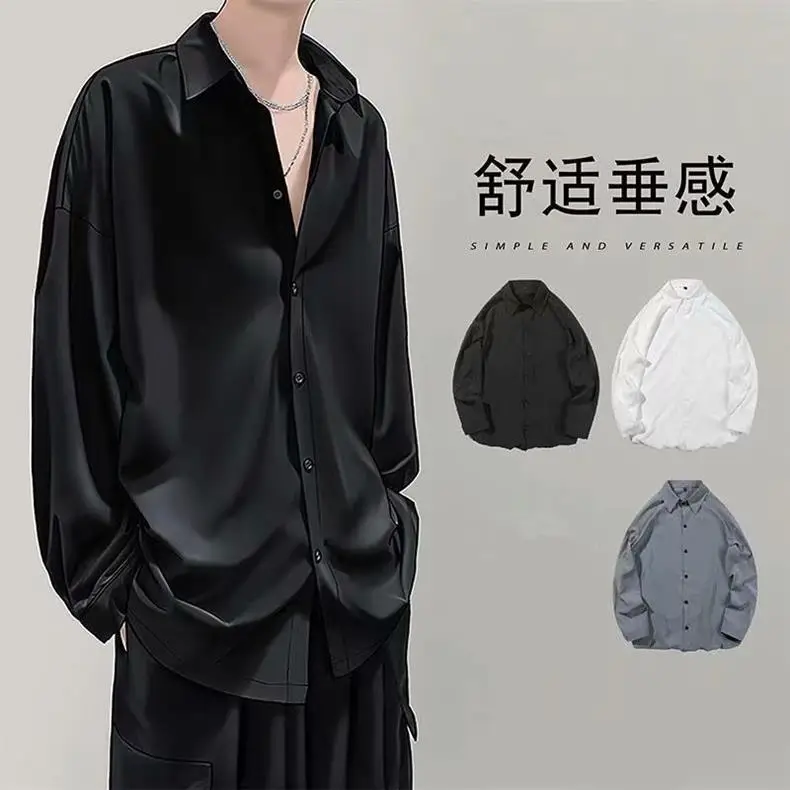 Men Grey Silk Button Shirt Long Sleeve — feature 1