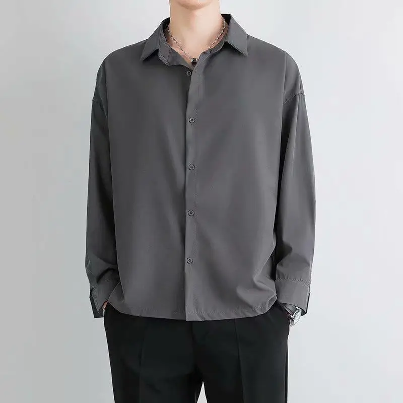 Men Grey Silk Button Shirt Long Sleeve - Image 3