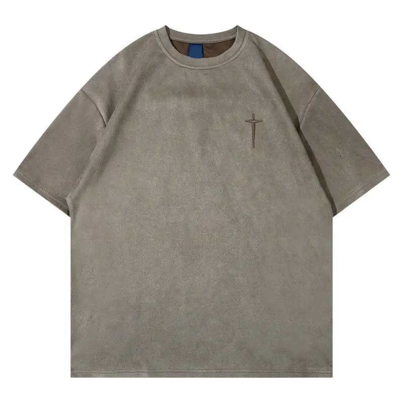 Men's Grey Suede Cross T-Shirt Short Sleeve - Image 2