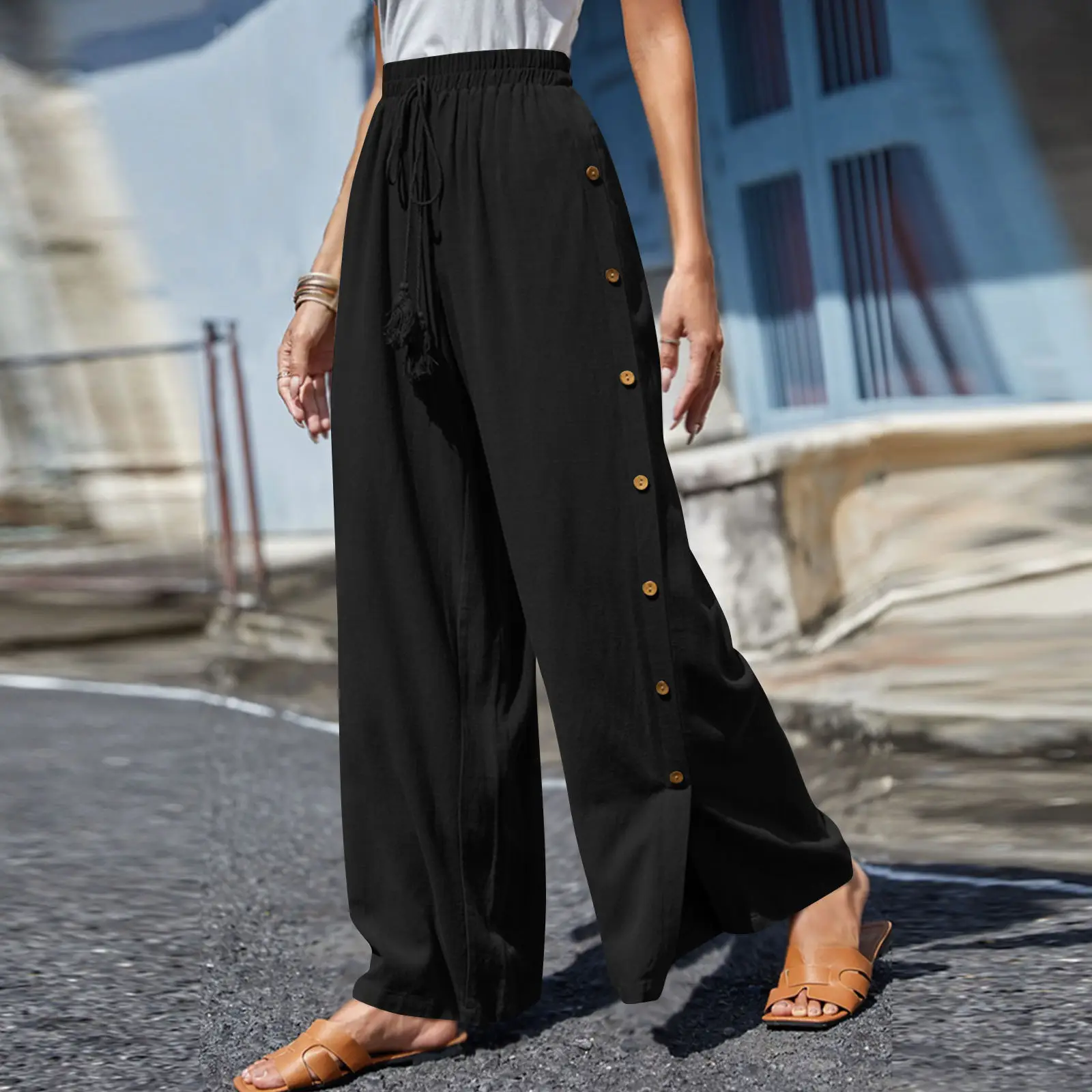 Women's Elastic Waist Lace-Up Loose Pants Gray - Image 11