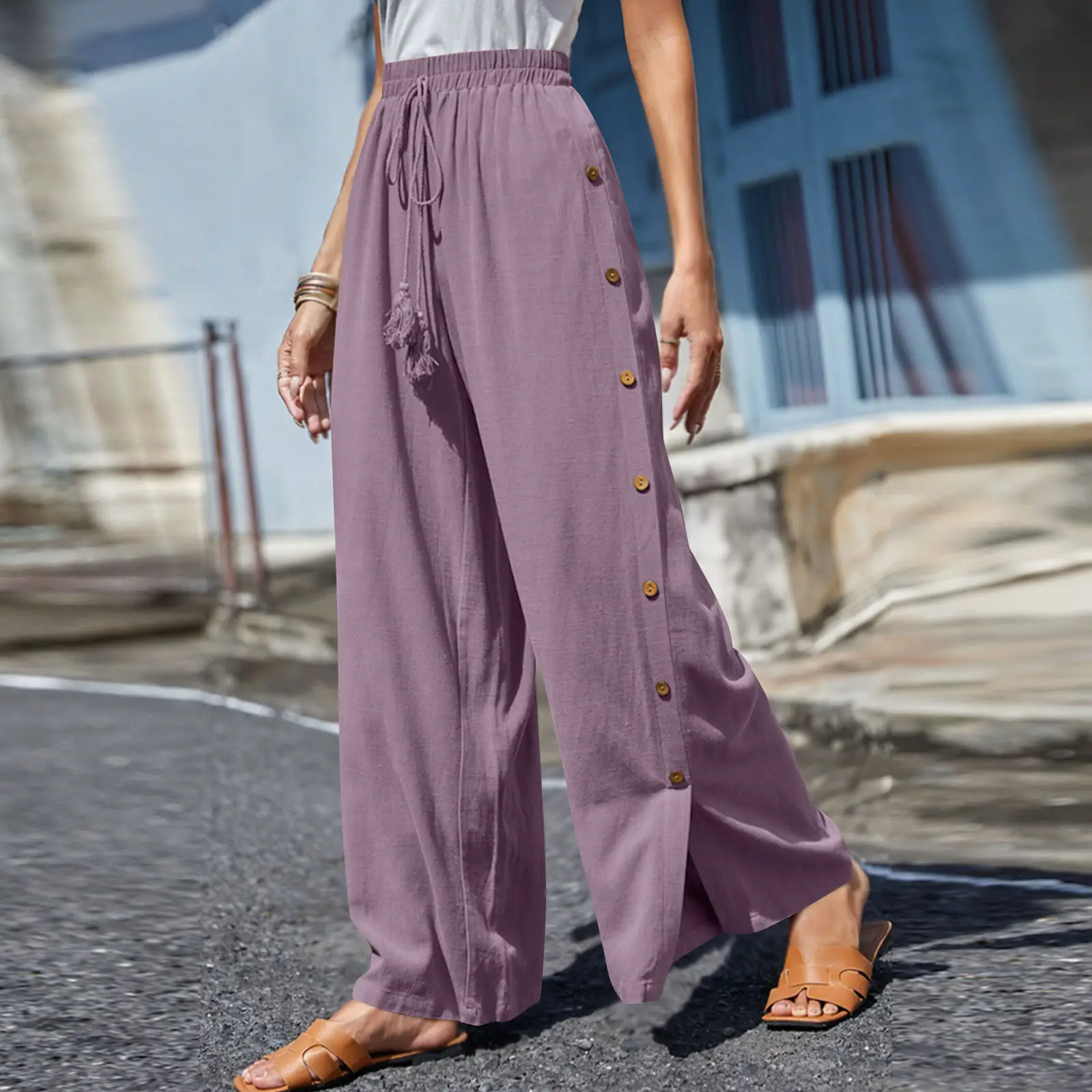 Women's Elastic Waist Lace-Up Loose Pants Gray - Image 13