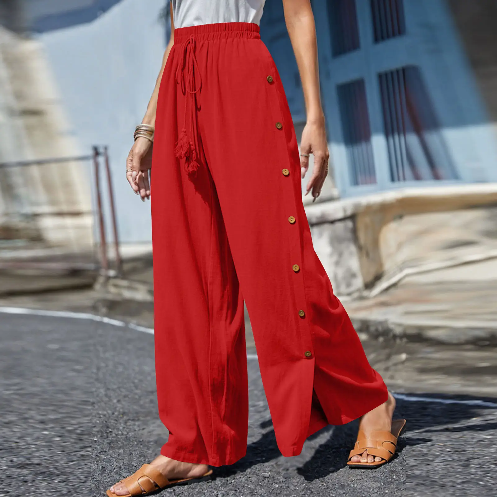 Women's Elastic Waist Lace-Up Loose Pants Gray — feature 10