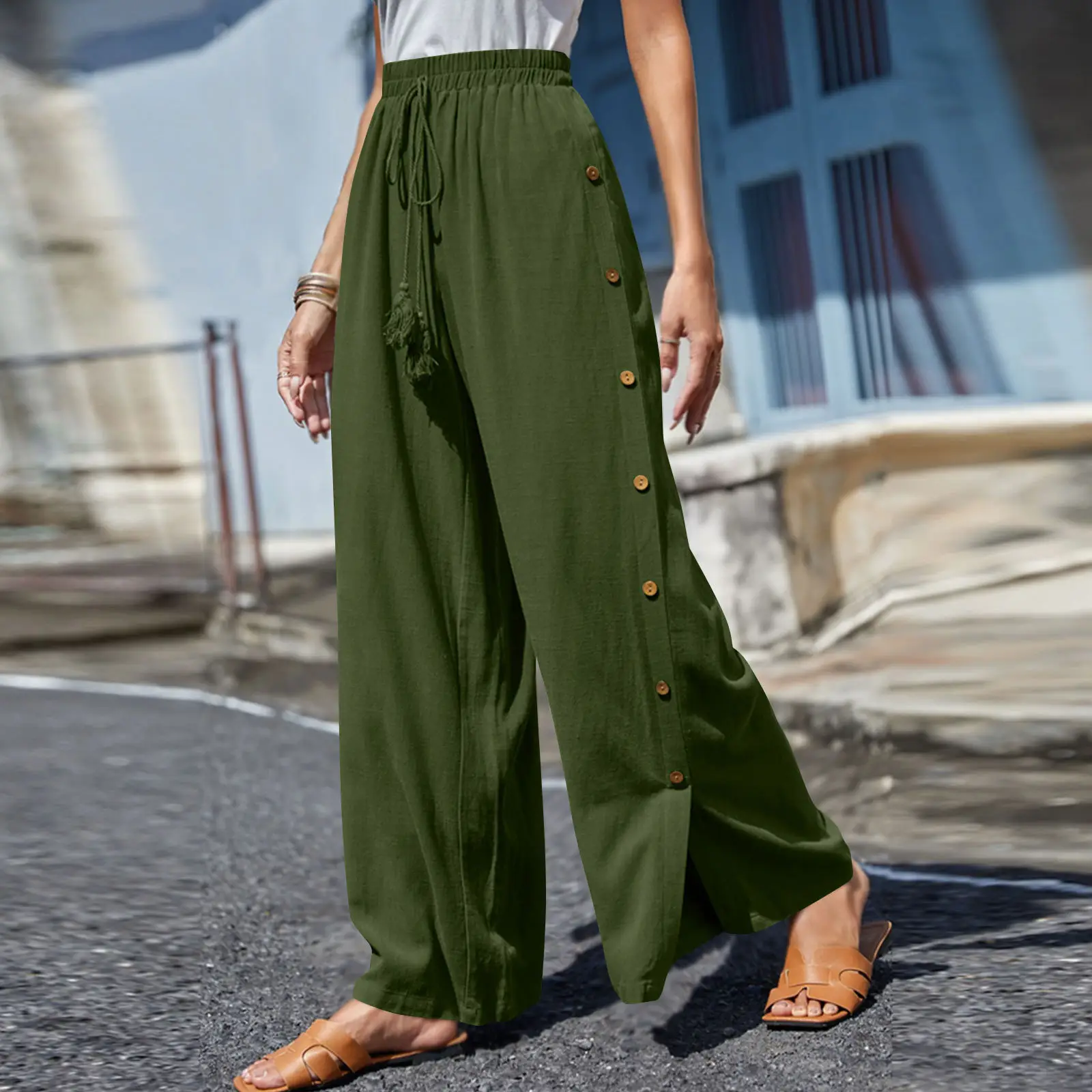 Women's Elastic Waist Lace-Up Loose Pants Gray — feature 11