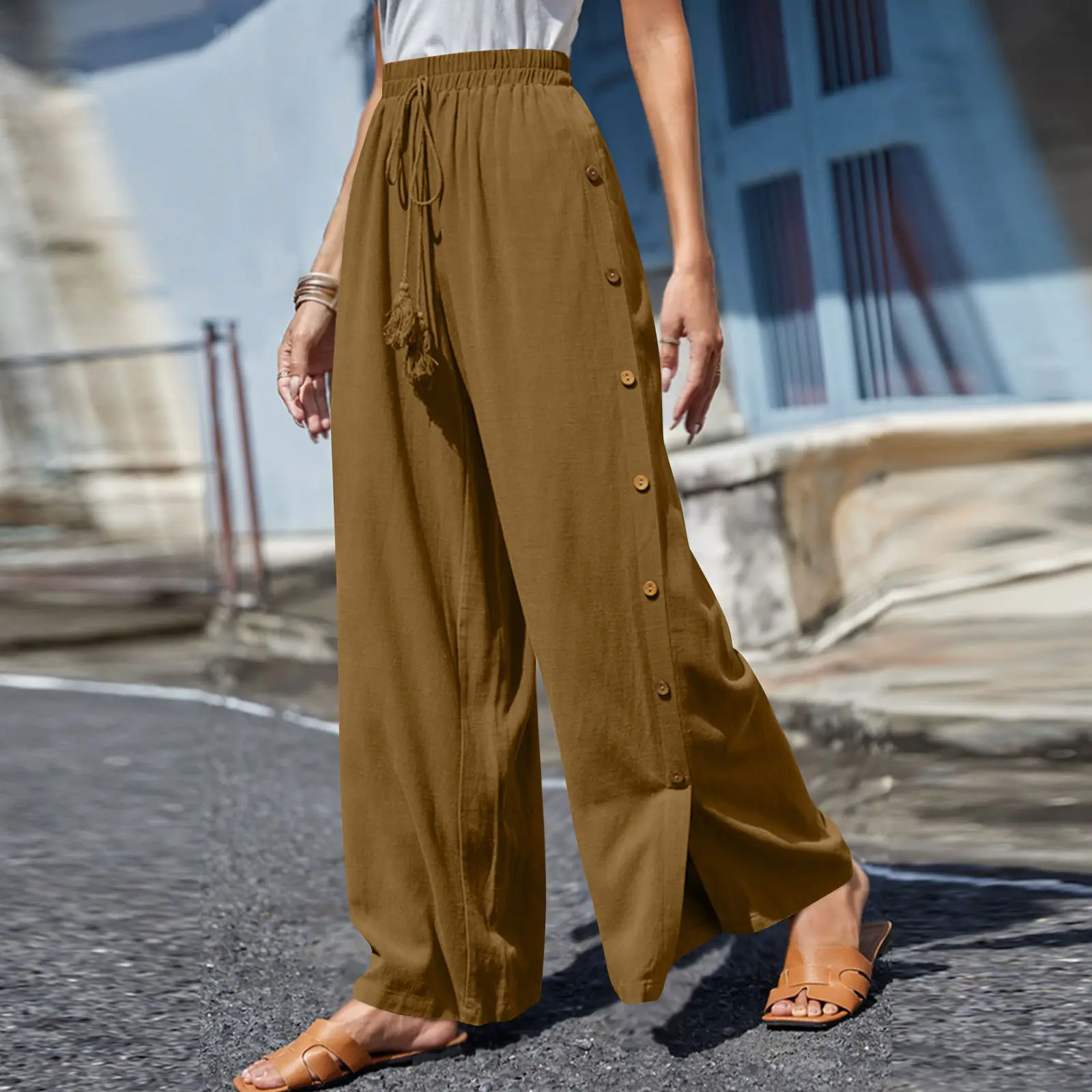 Women's Elastic Waist Lace-Up Loose Pants Gray — feature 3