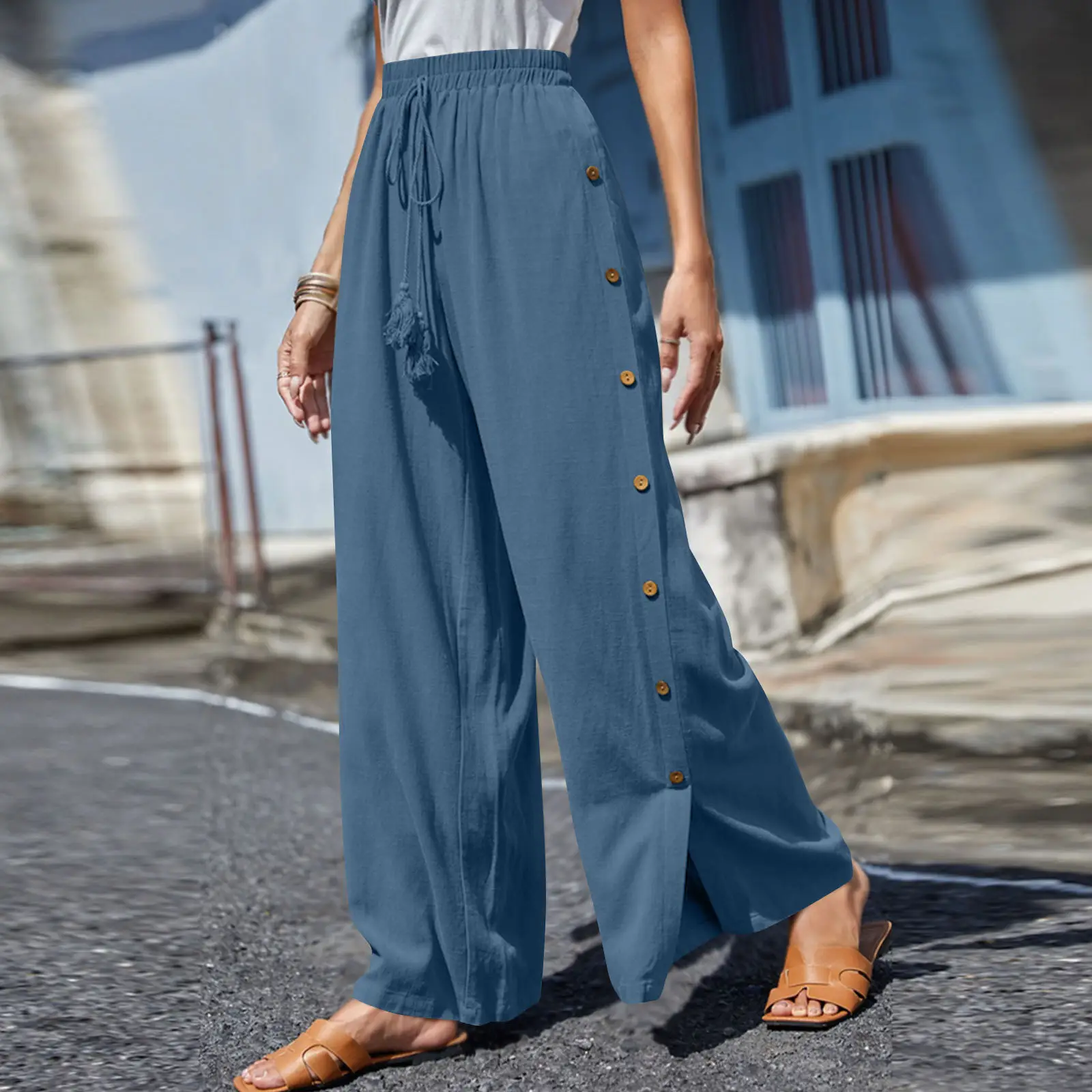 Women's Elastic Waist Lace-Up Loose Pants Gray — feature 4