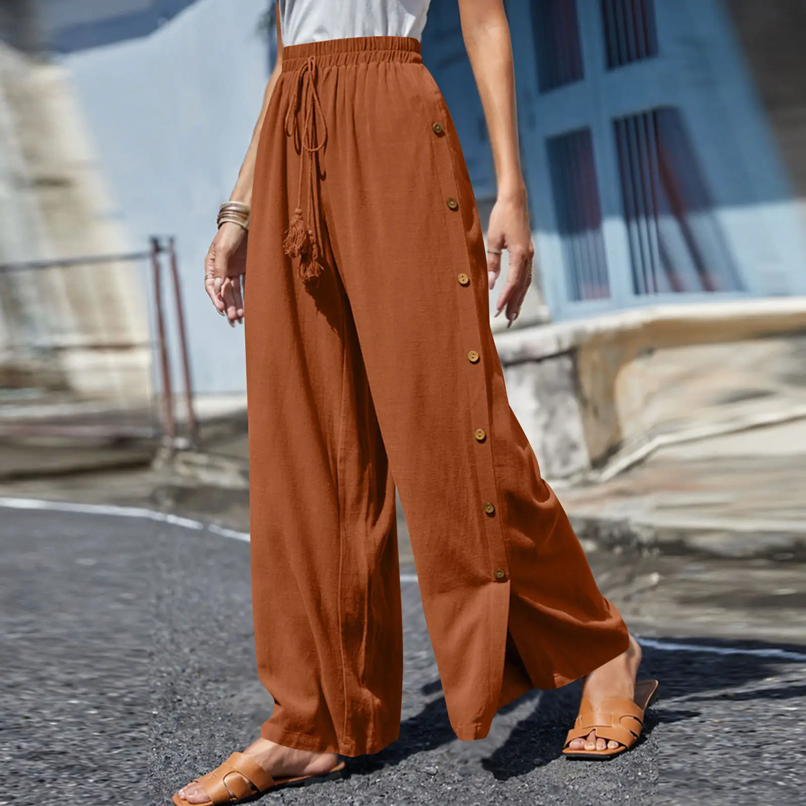 Women's Elastic Waist Lace-Up Loose Pants Gray — feature 5