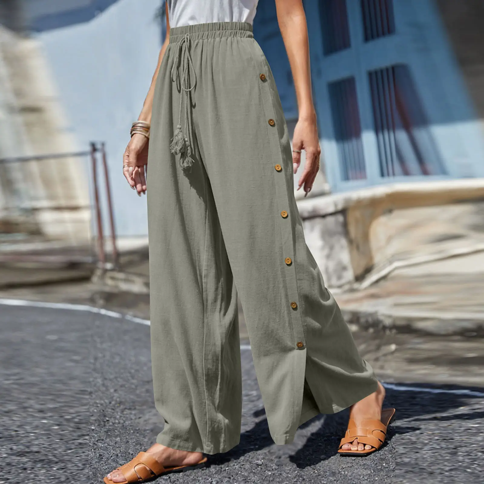 Women's Elastic Waist Lace-Up Loose Pants Gray — feature 6