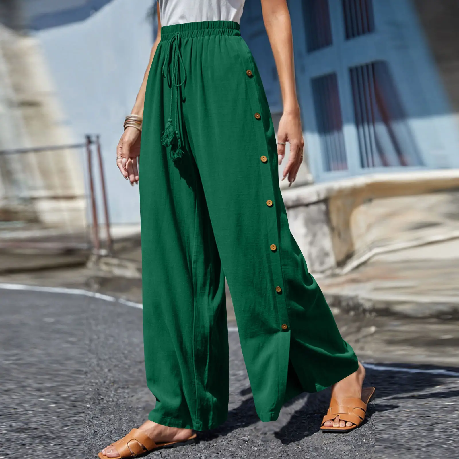 Women's Elastic Waist Lace-Up Loose Pants Gray — feature 7