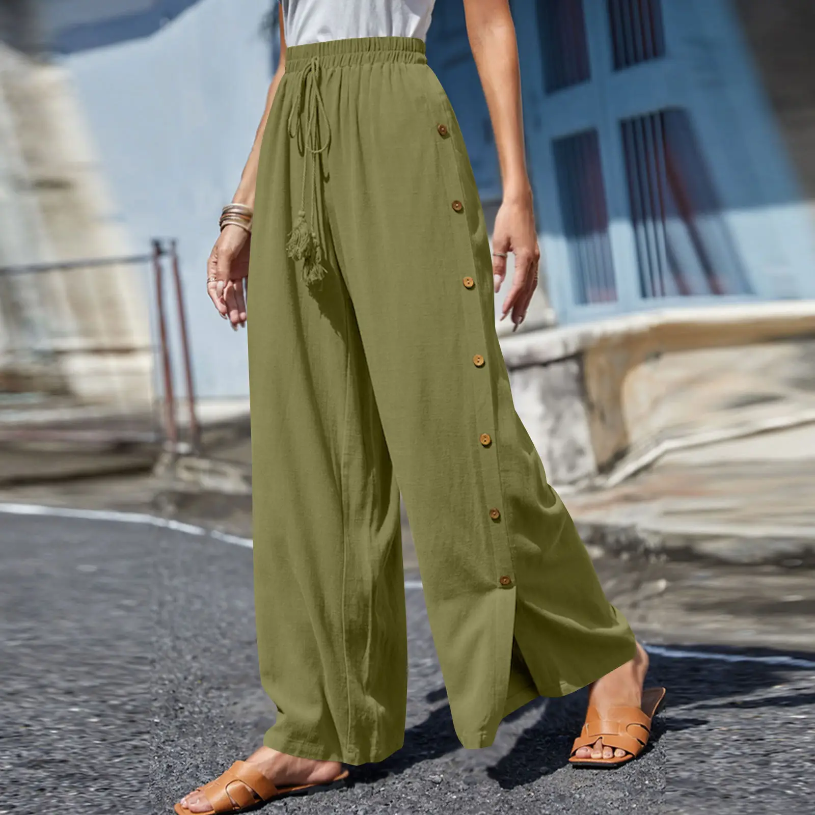 Women's Elastic Waist Lace-Up Loose Pants Gray — feature 9