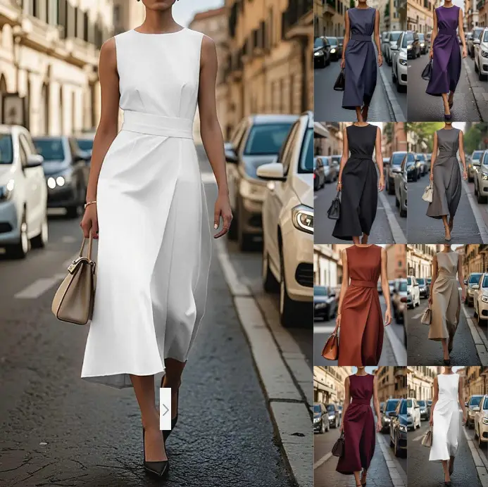 Women Sleeveless Round Neck Dress Brown Long Pants