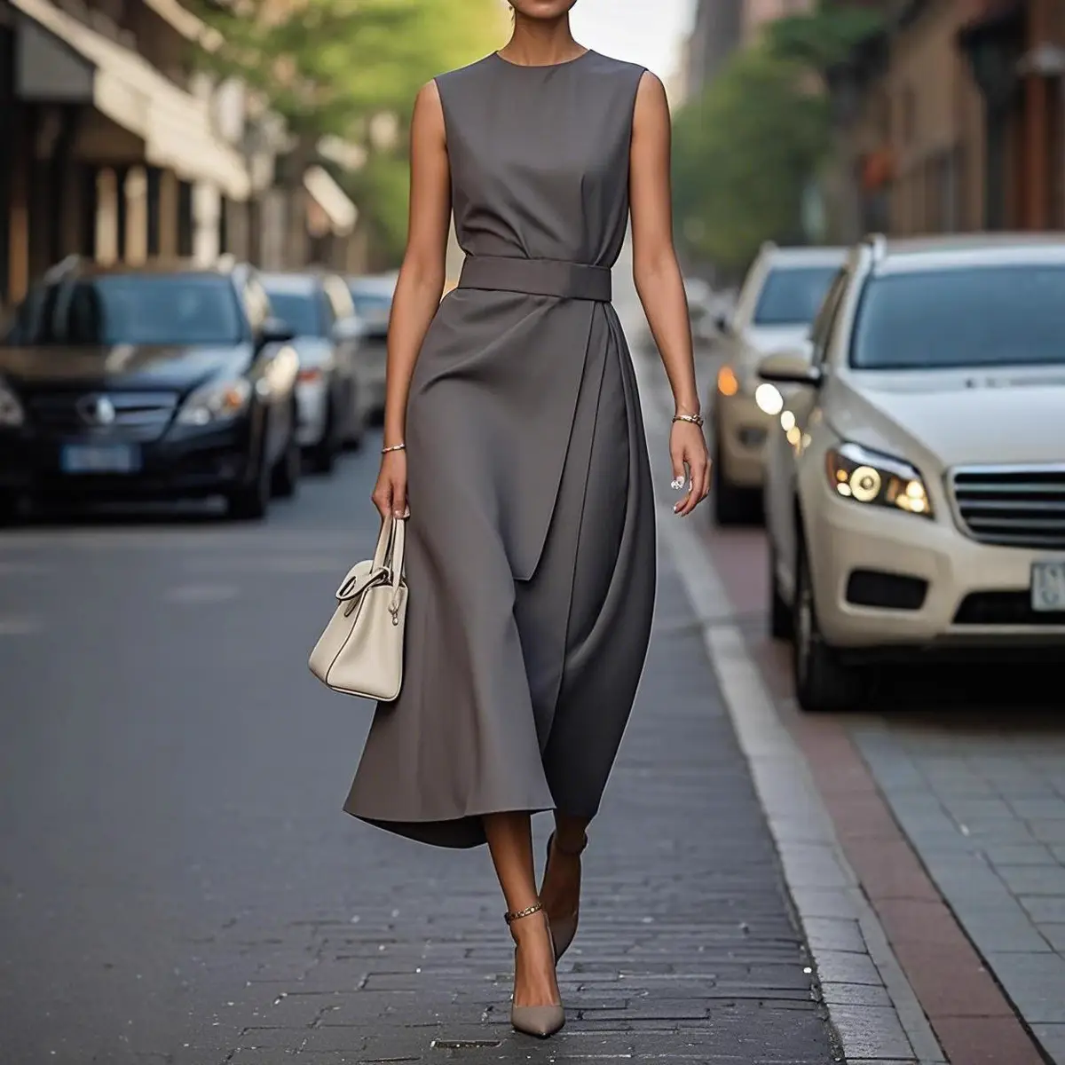 Women Sleeveless Round Neck Dress Brown Long Pants