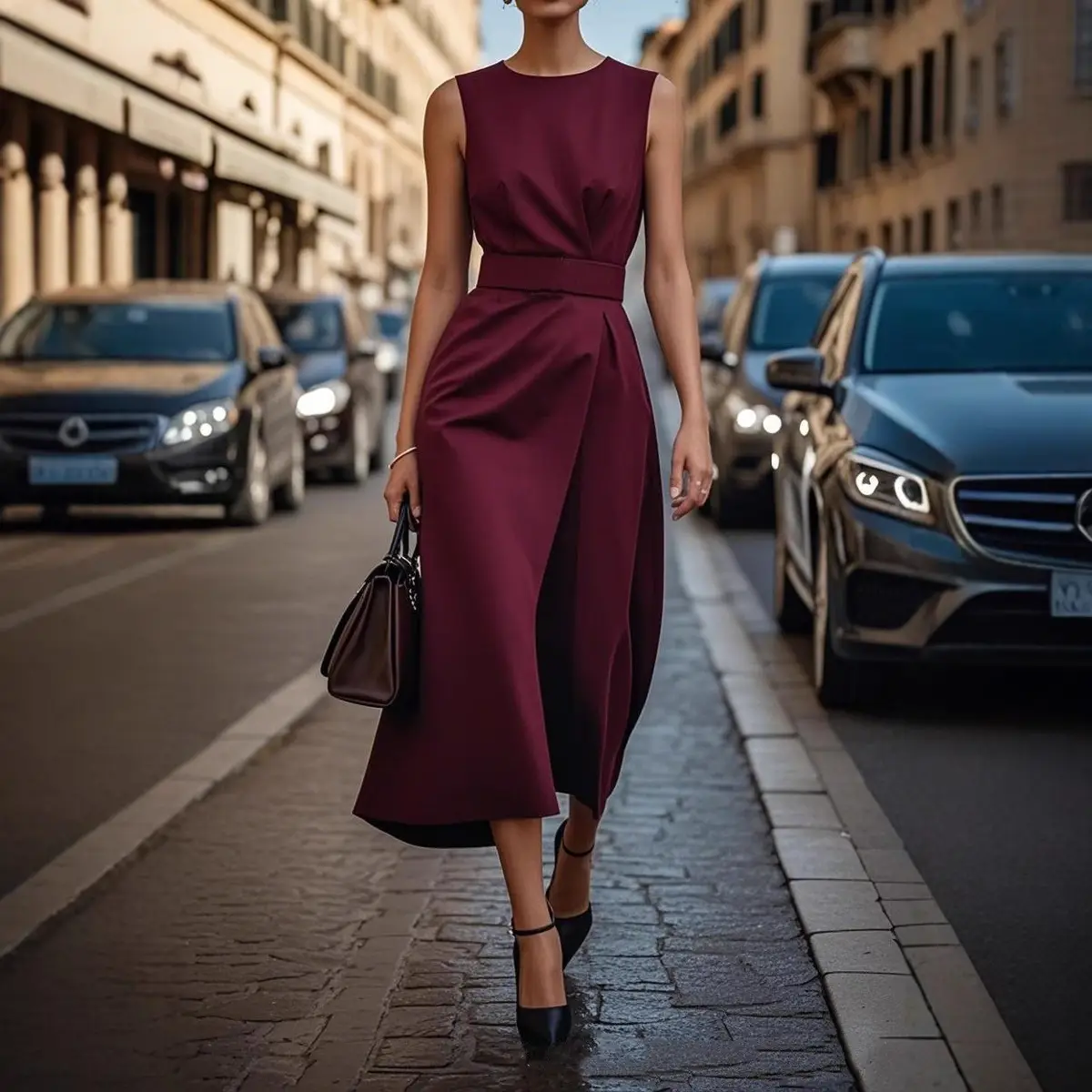 Women Sleeveless Round Neck Dress Brown Long Pants