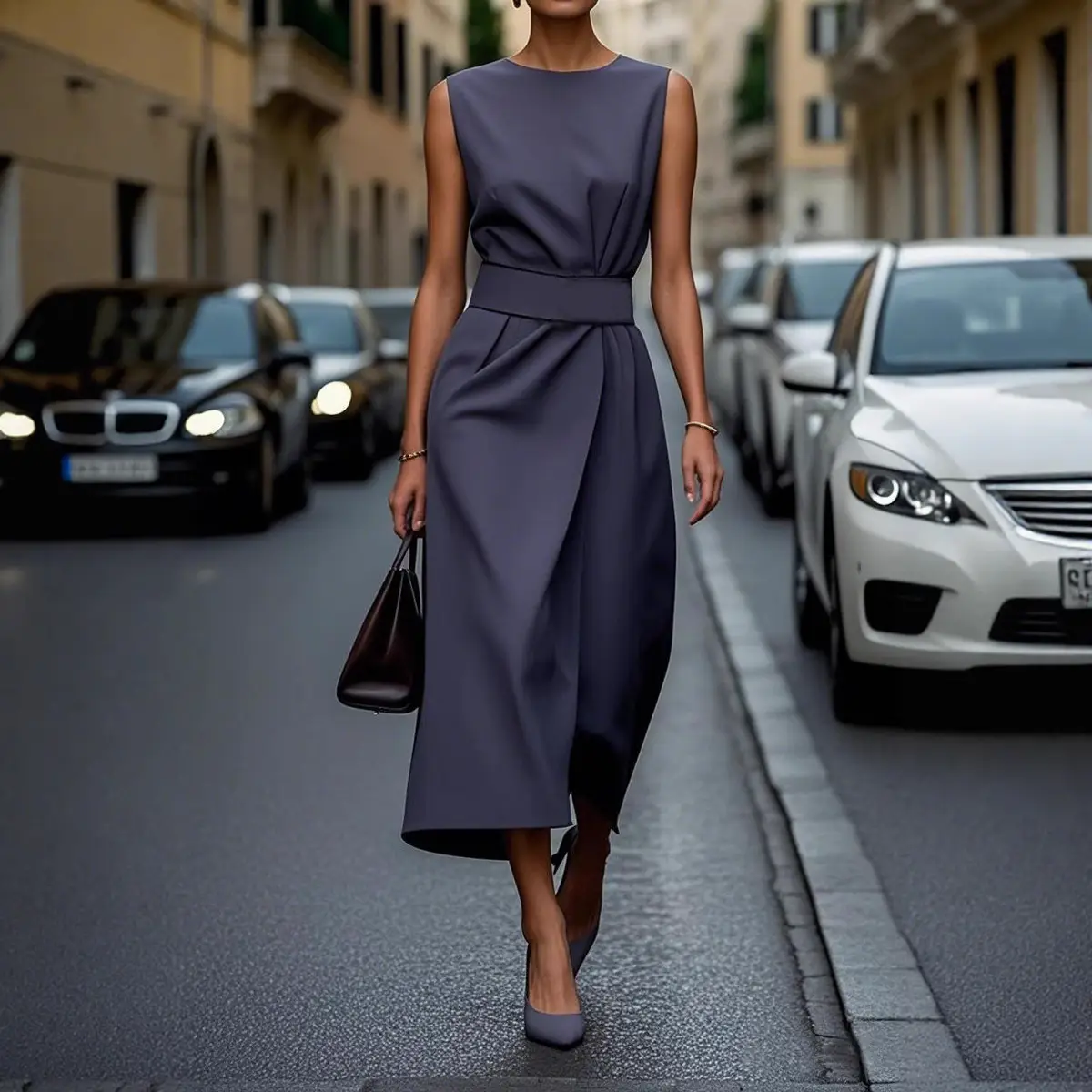 Women Sleeveless Round Neck Dress Brown Long Pants