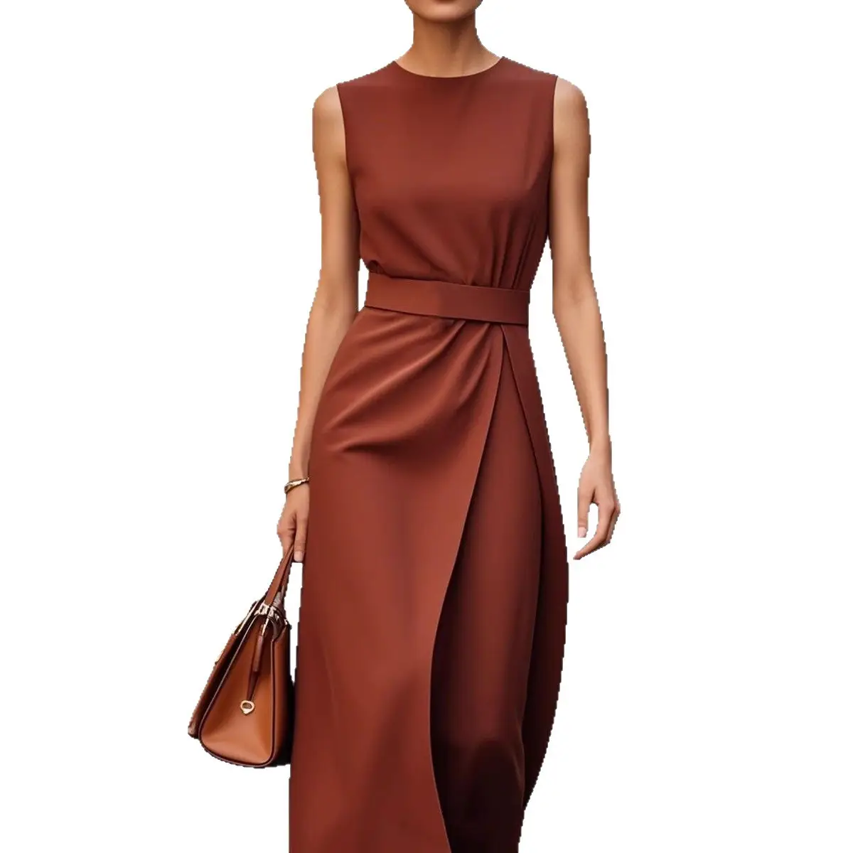 Women Sleeveless Round Neck Dress Brown Long Pants
