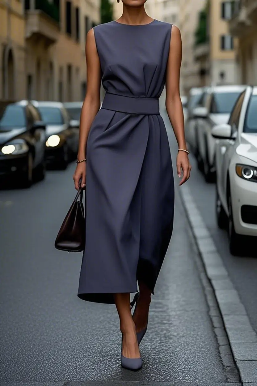 Women Sleeveless Round Neck Dress Brown Long Pants