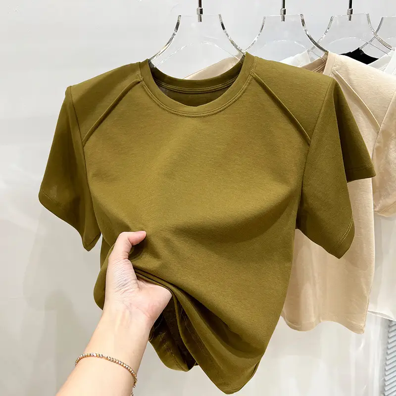 Women's New Style Shoulder Short Sleeve T-Shirt Beige - Image 5