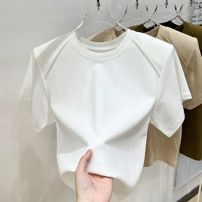 Women's New Style Shoulder Short Sleeve T-Shirt Beige - Image 6