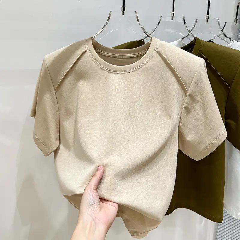 Women's New Style Shoulder Short Sleeve T-Shirt Beige - Image 8