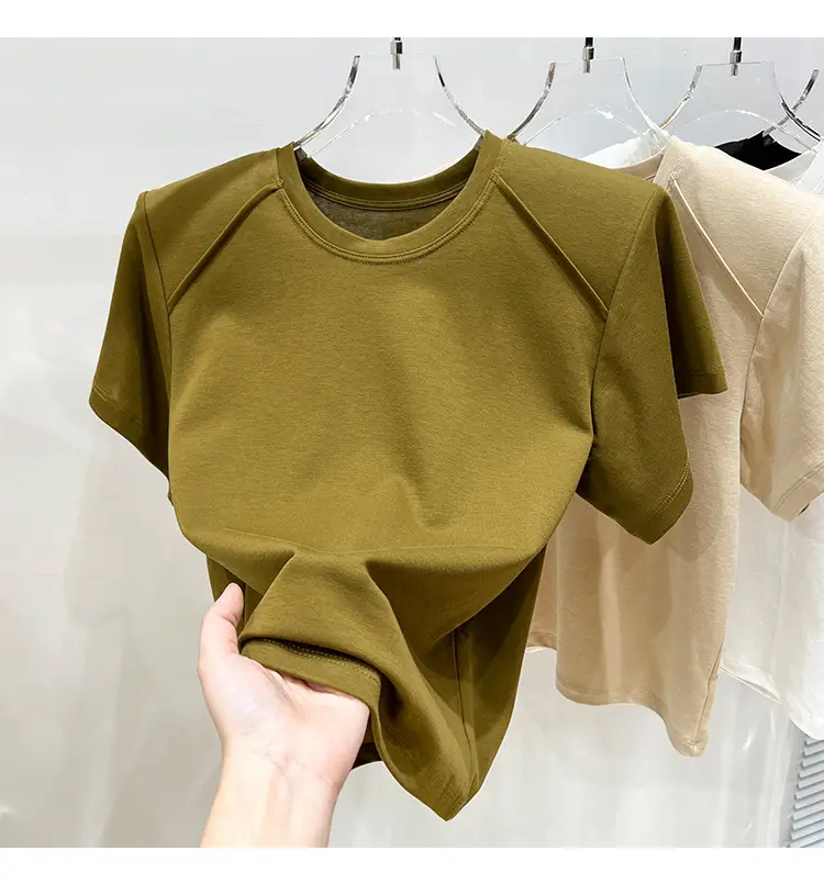 Women's New Style Shoulder Short Sleeve T-Shirt Beige — feature 1