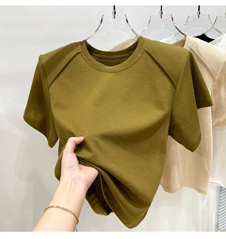 Women's New Style Shoulder Short Sleeve T-Shirt Beige — feature 10