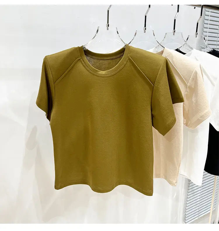 Women's New Style Shoulder Short Sleeve T-Shirt Beige — feature 12