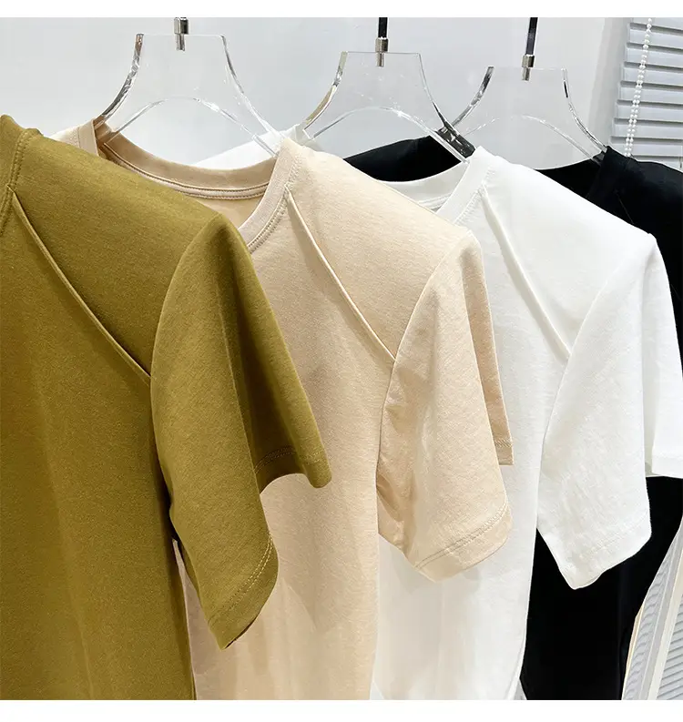 Women's New Style Shoulder Short Sleeve T-Shirt Beige — feature 14