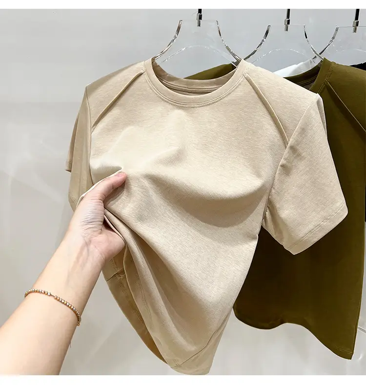 Women's New Style Shoulder Short Sleeve T-Shirt Beige — feature 17