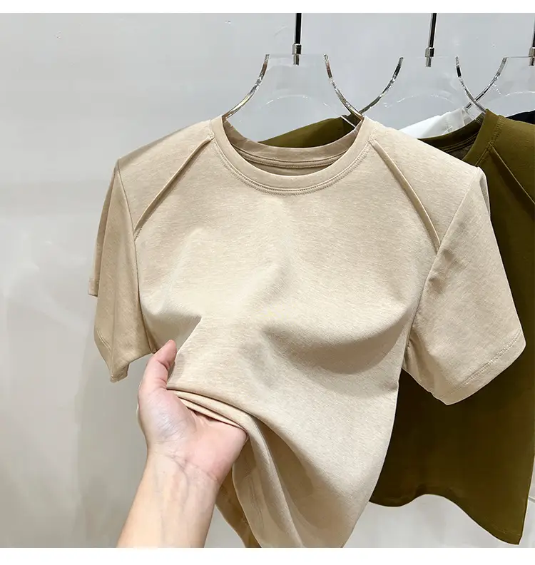 Women's New Style Shoulder Short Sleeve T-Shirt Beige — feature 18